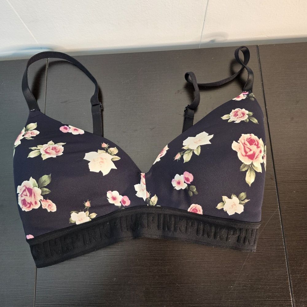 Pink by Victorias Secret Wear Everywhere Bra 32DD Black Floral Lightly Lined